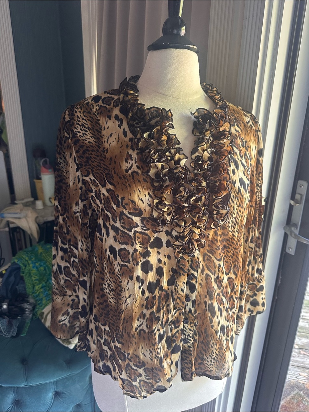 Y2K Vintage Grunge Sunny Leigh Leopard Ruffle-Trim V-Neck Blouse - Brown, Tan